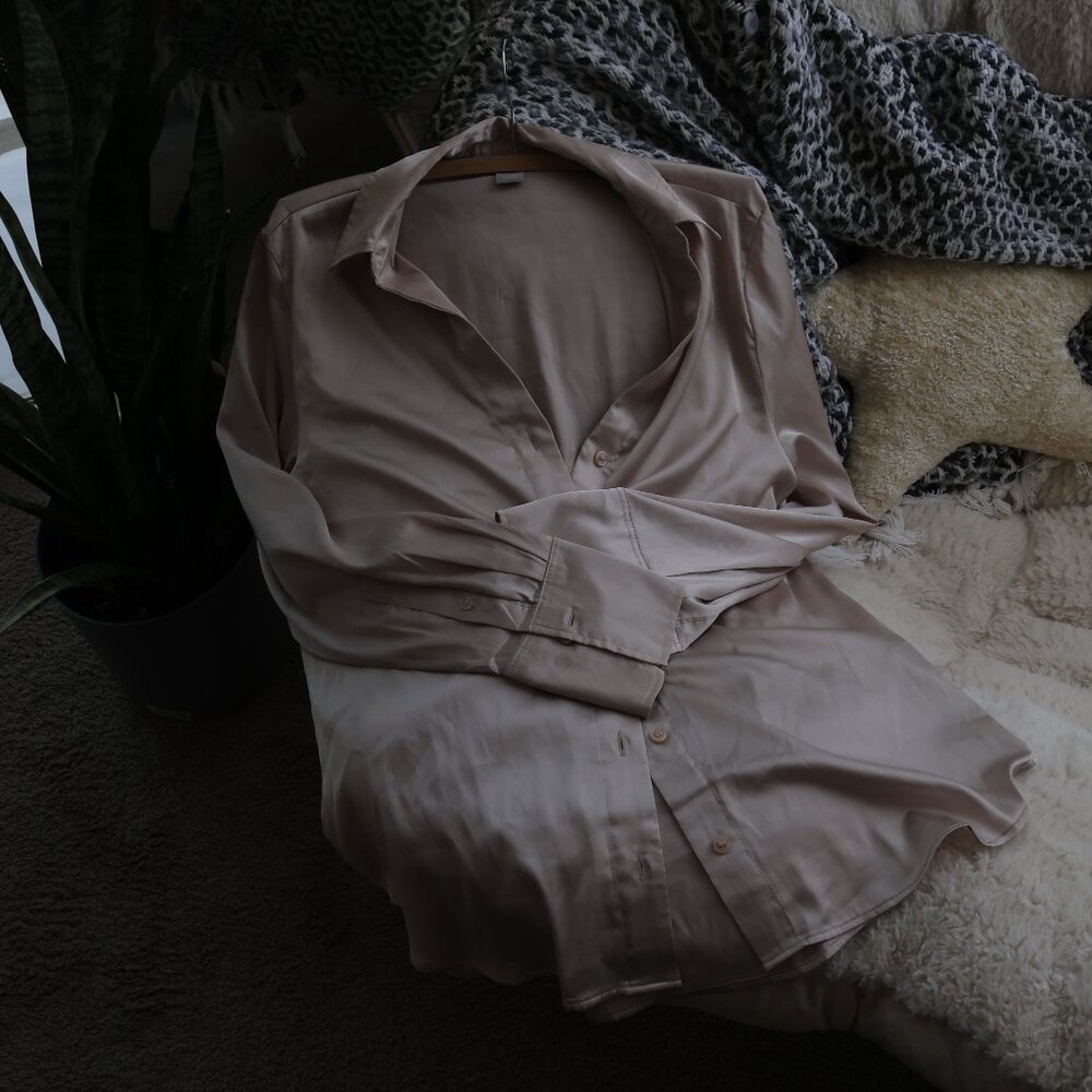 Sz S Dusty Pink Silk Oxford Button-Up Blouse H&M